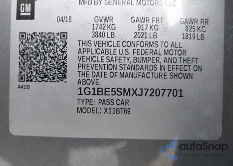 2018 Chevrolet Cruze Lt Auto z USA, uszkodzony, nr VIN 1G1BE5SMXJ7207701